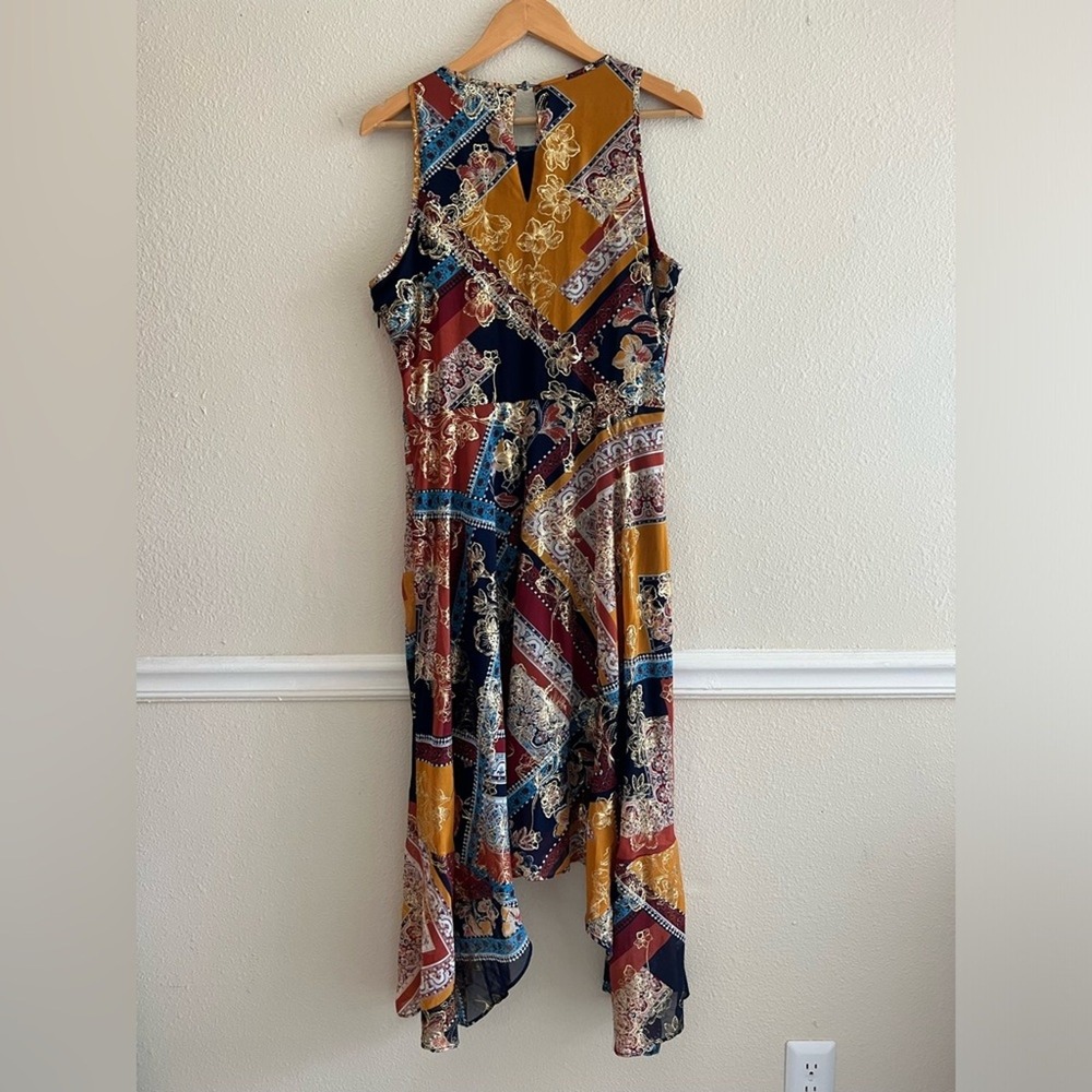 Laundry by Shelli Segal Scarf Print Asymmetric Dress 12 Runs Small Boho Patch - Picture 6 of 8